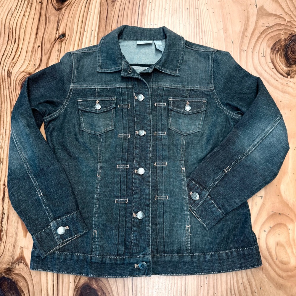Chicos Platinum Denim Jacket Dark Wash Button‎ Front Size 1 Medium RN 79984